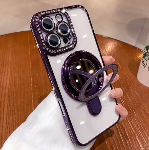 适用iphone17promax闪钻闪粉镜子支架手机壳苹果16水钻优盾磁吸壳|undefined