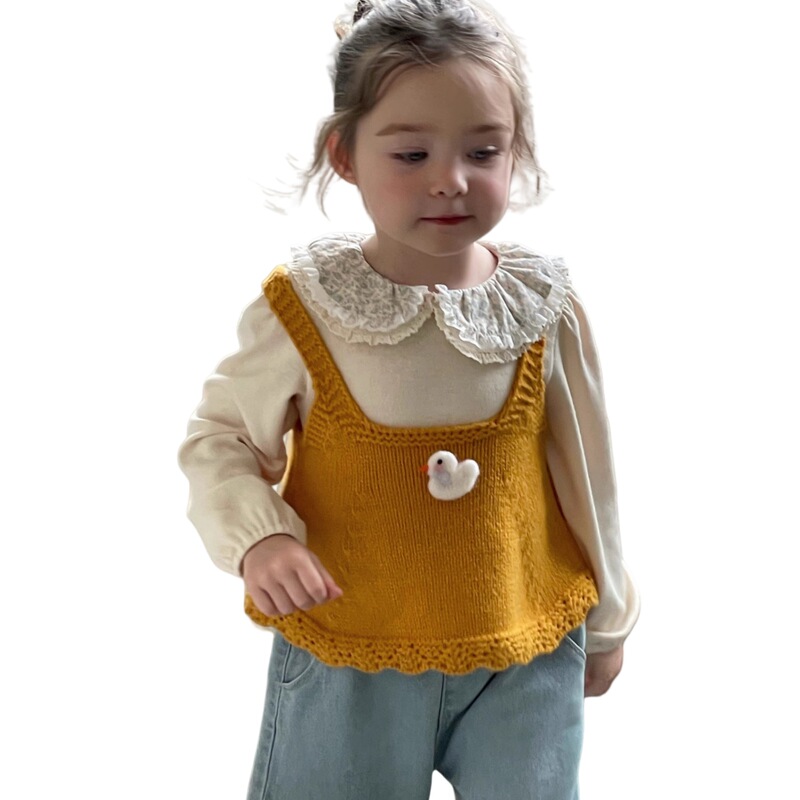 クリームセット 2025 秋女の子トレンディな甘くてかわいい小さなアヒルニットベスト女の赤ちゃん人形襟底シャツ|undefined