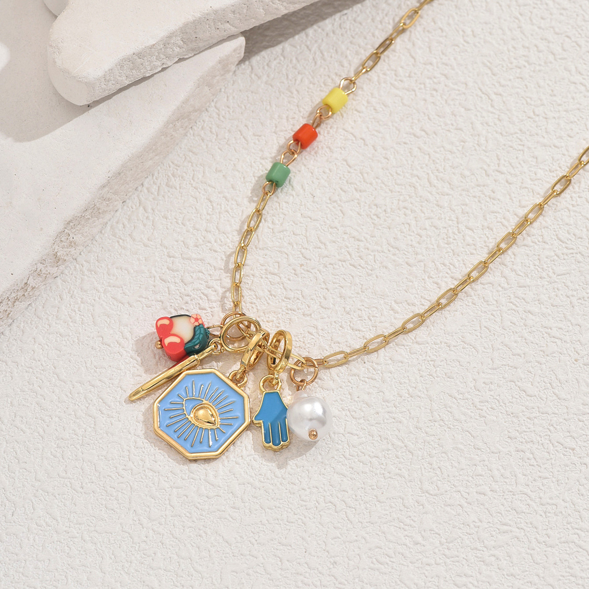 Copper Chain Material cable chain Chain Type Wholesale Jewelry Vintage Style Classic Style Geometric Palm Copper Cable Chain Multi Charms Necklace