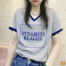 纯棉V领短袖T恤2024新款夏季休闲韩版时尚ins宽松洋气印花上衣朗