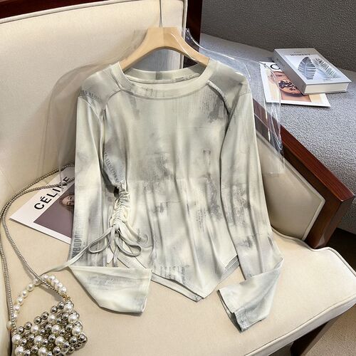 Women's Spring and Autumn Season New Han Style Loose Fitting Slimming Tie-Dye Long Sleeve T-Shirt with Drawstring