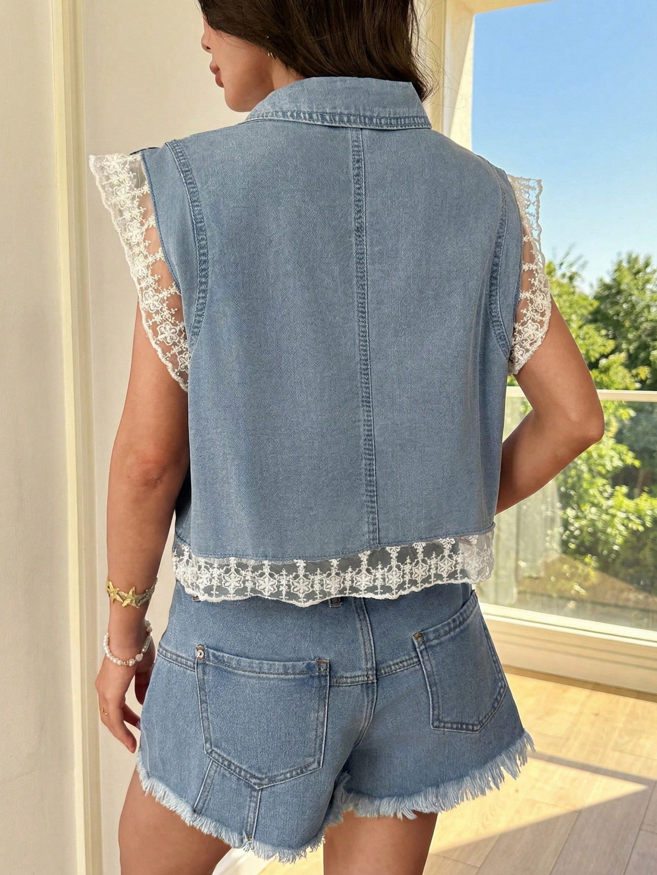 Europa y Estados Unidos comercio exterior transfronterizo Amazon estación independiente chaqueta de denim de encaje de encaje de moda chaleco de vaqueros image 2