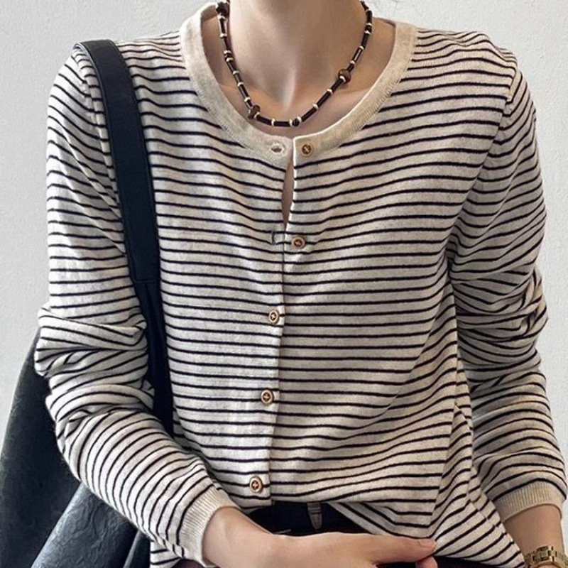 春秋新款条纹针织开衫外套女跨境小众上衣外搭薄款圆领长袖毛衣潮|undefined