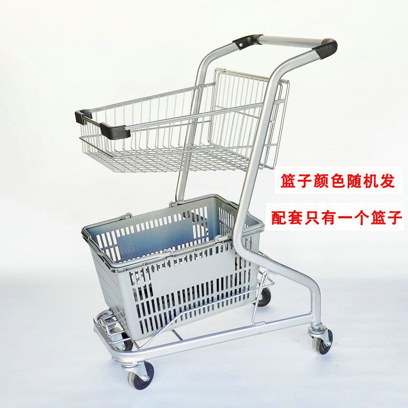 超市购物手推车理货车ktv网红小拉车商场家用双层摆摊推车F7篮粉