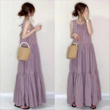 日韩2025夏新款大码宽松棉麻套头圆领过膝长裙学院风森女系连衣裙