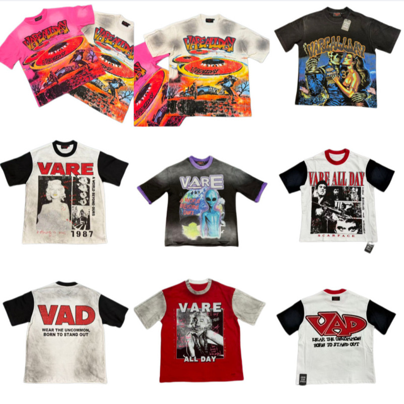 Vare All Day Short-Sleeve Character Print Loose T-Shirt Trendy Retro Washed Rhinestone Top T-Shirt for Men and Women