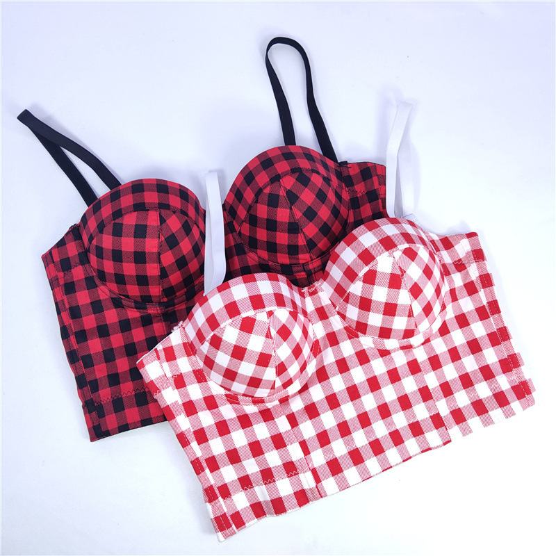 European and American Retro Didi Bounty Plaid Camisole Outer Wearing Short Crop Top Full Cup Gathered Fishbone Bra for Summer
