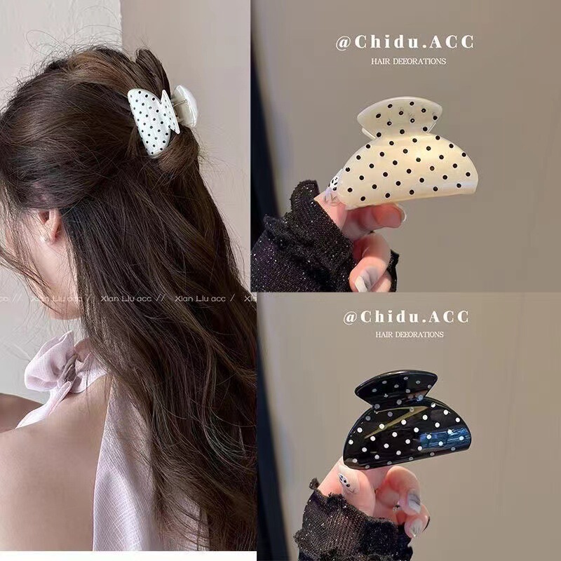 Retro French Polka Dot Champagne Color Hairpin Elegant Shark Clip on the Back of the Head Girl's Bow One-Word Clip Retro French Polka Dot Champagne Color Hairpin Elegant Shark Clip on the Back of the Head Girl's Bow One-Word Clip