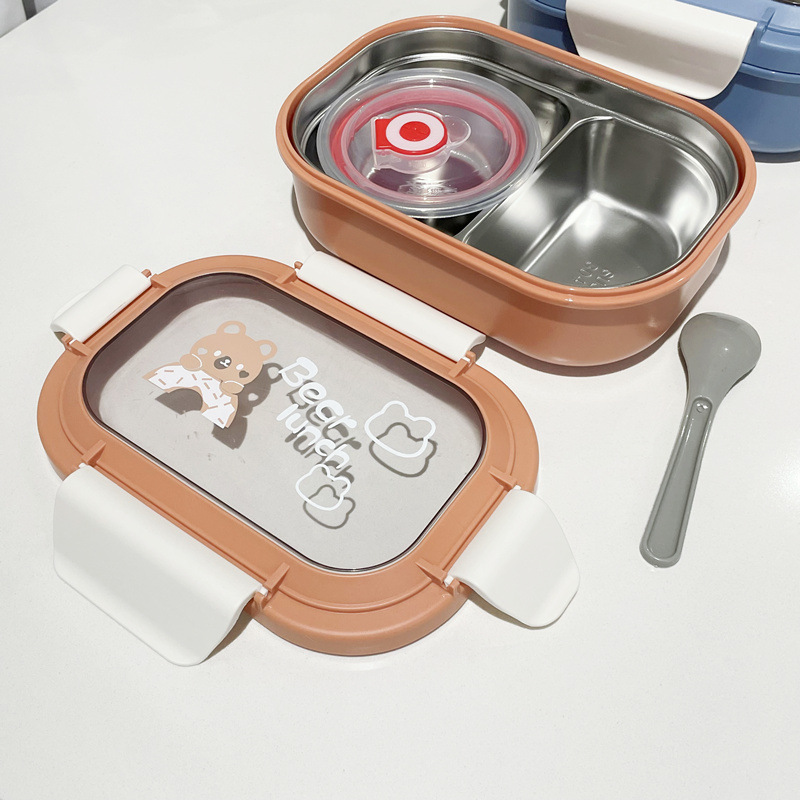 Caja de almuerzo de acero inoxidable 304 caja de almuerzo aislada lindo estudiante de escuela primaria de doble capa caja de almuerzo compartimiento placa con vajilla Tazón