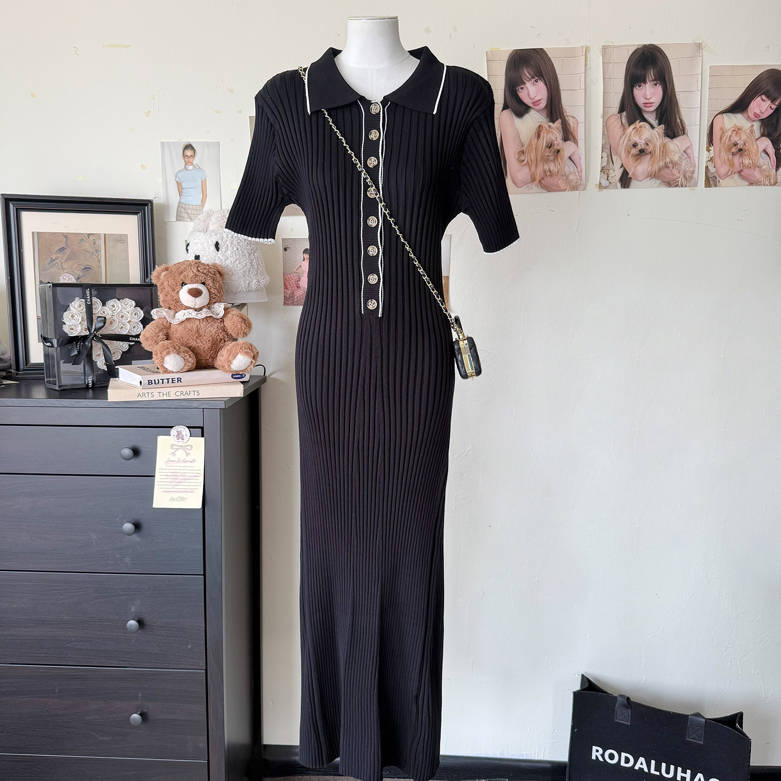 Women's Short-Sleeve Turn-Down Collar Knit Dress, Cross-Border 2025 Spring/Summer New European And American Style Ribbed_ecoleips.com
