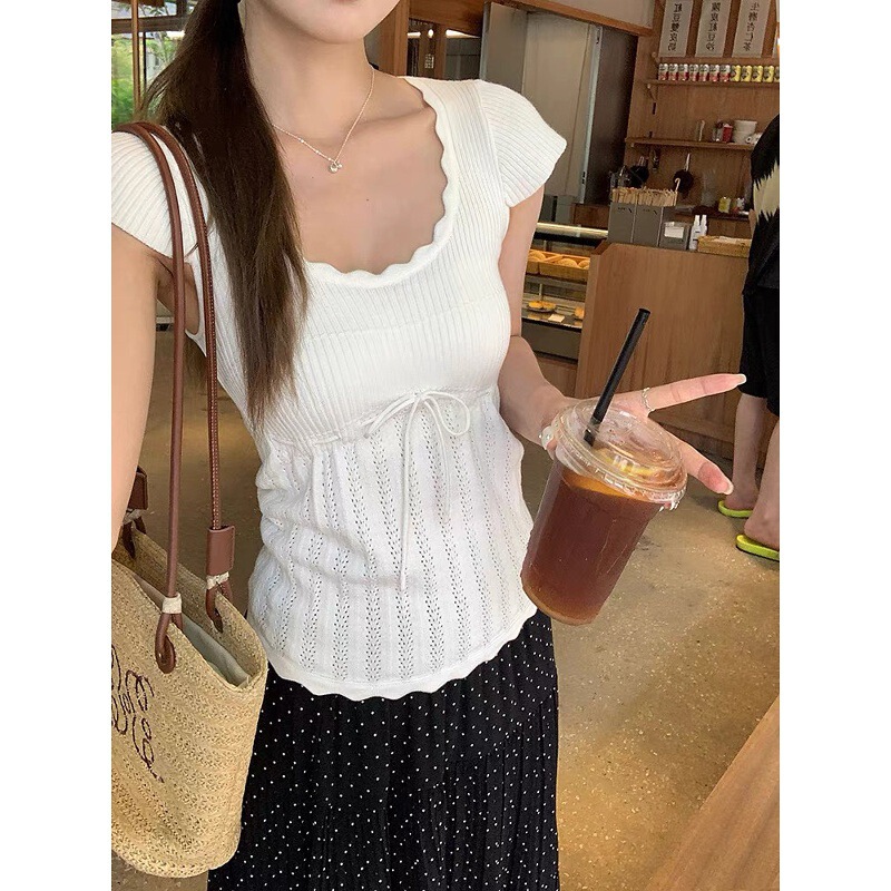 2025 New Summer Cut Out White V-Neck Short-Sleeved T-Shirt Women's Korean Lace Lace Knitted Beautiful Top