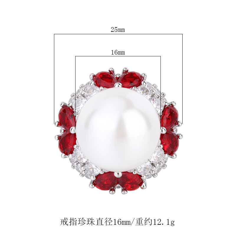 Zhuang Sheng joyas fondo de cobre chapado en oro de color de simulación de tesoro con incrustaciones de concha blanca núcleo de la flor de las mujeres anillo de perlas de 16mm