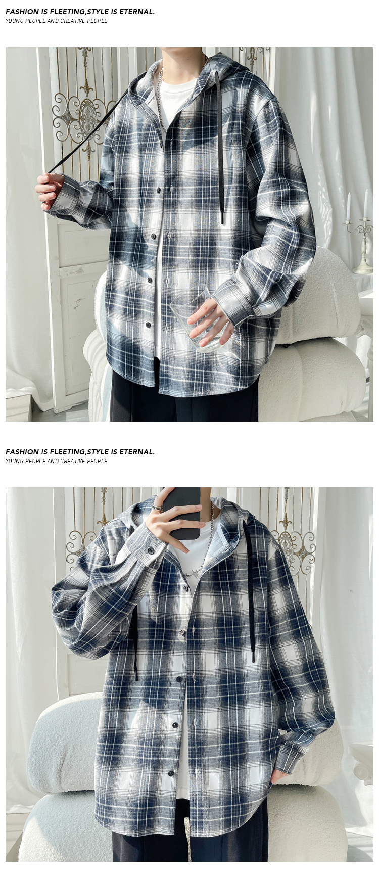 Plaid Hooded Shirt Jacket For Men American Retro Style Oversized_voghion.com