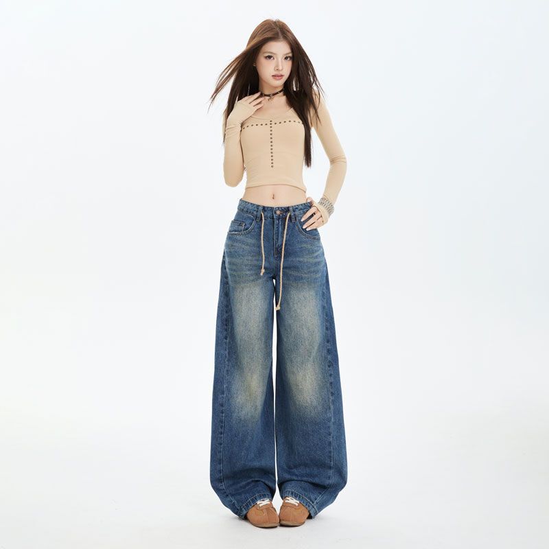 2025 Fashion Retro American-Style Washed Drawstring Pants with Unique Cut, Loose Structure, Natural Curved Wide-Leg Pants