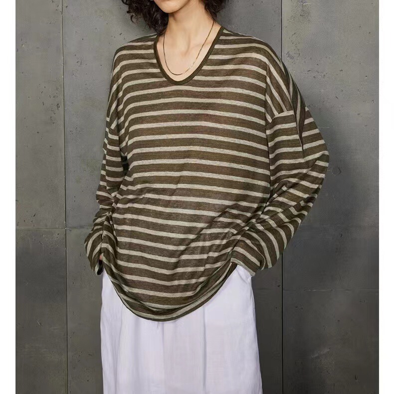 Ready Stock Kei Fashionable Japanese Imported Chicory Light Linen Yarn-Dyed Stripesd Off-Shoulder Split Loose Lazy Person Long
