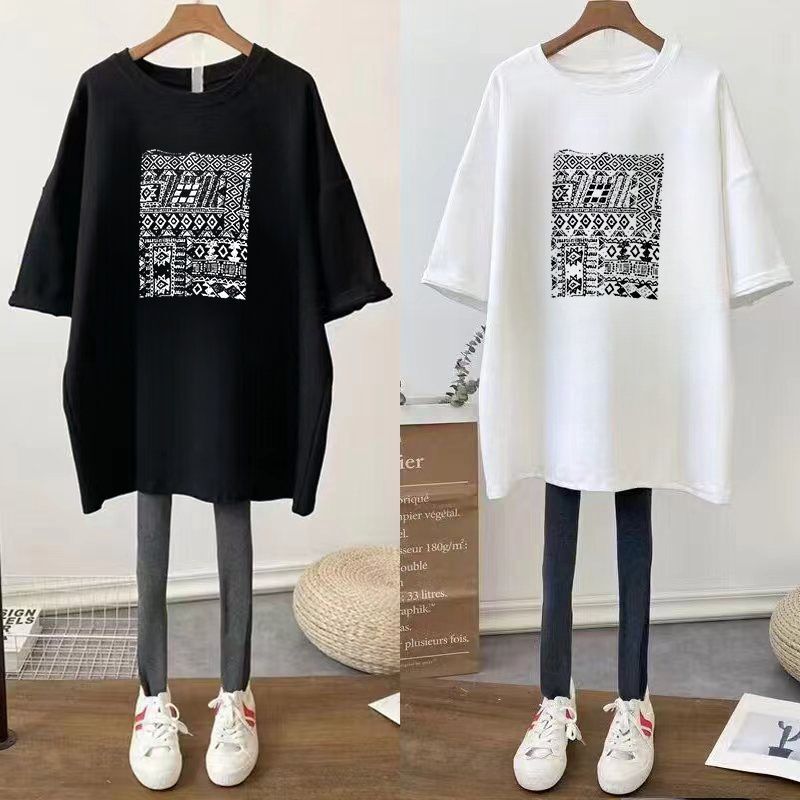150kg Pure Cotton Summer New High-End Women's Short-Sleeved Ins Tops Mid-Length Loose mm Large Size Fashion T-Shirt