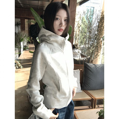 美式复古白灰色连帽卫衣外套女春秋宽松休闲运动短款开衫外套上衣