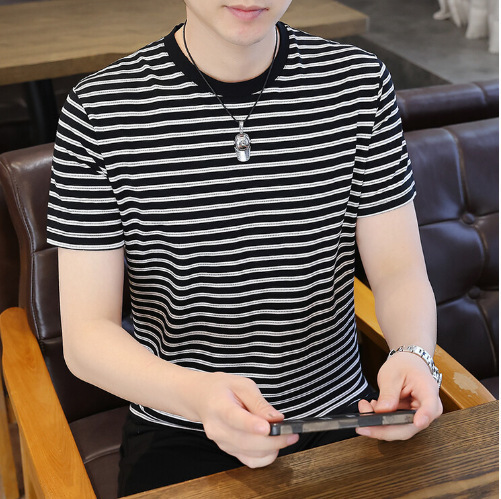 Summer Men's Short-Sleeve T-Shirt, Young and Middle-Aged Striped Crew Neck Versatile Half-Sleeve Men's Top Fashion