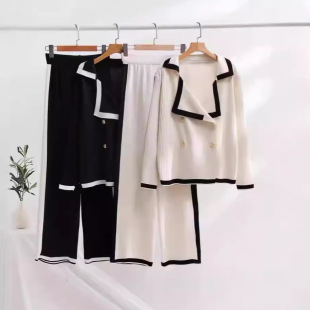 French Style Chanel Fashion suit Women's Autumn and Winter 2024 New Contrast Color V-neck Knitted Cardigan Wide Leg Pants Two-piece Set