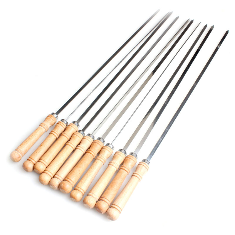 [Fuente de fábrica] aguja de barbacoa de acero inoxidable barbacoa palo de cordero cadena plana mango de madera Tarjeta de succión barbacoa cadena