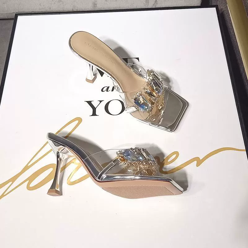 Интернет-сандалии знаменитостей для женской летней верхней одежды, новинка 2023 года, шлепанцы с квадратным носком, прозрачные высокие каблуки со стразами на шпильке