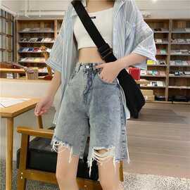 港味高腰五分牛仔短裤女直筒2021年夏季韩版新品显瘦破洞宽松中裤
