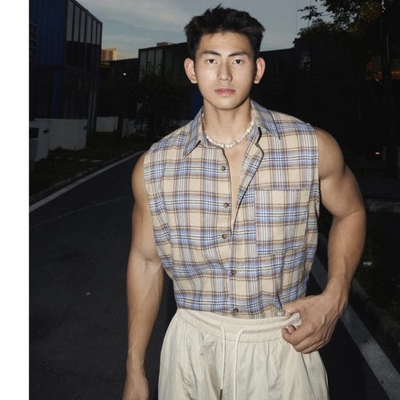 Jin plus size Men's Summer American Retro Style Shirt Kan Sleeve Vest Men's Casual Street Sense Plaid Shirt Jin plus size Men's Summer American Retro Style Shirt Kan Sleeve Vest Men's Casual Street Sense Plaid Shirt