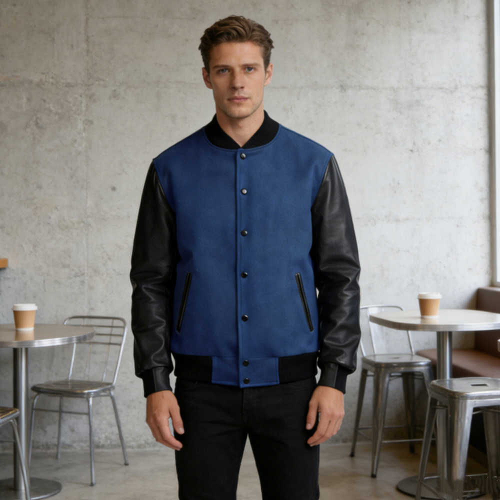 New Spring and Autumn Style Men's Pu Leather Sleeve Patchwork Flight Jacket with Single-Breasted Woolen Coat, European Size, for Independent Foreign Trade