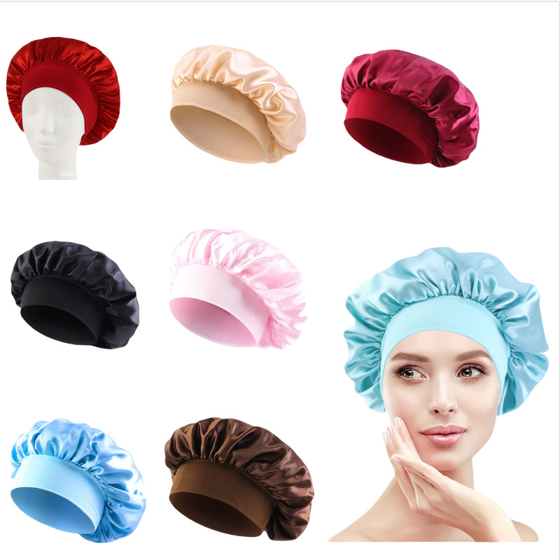 European and American Summer Style Wide-Brimmed Satin Nightcap, High-Elasticity Headscarf, Postpartum Cap, Beauty and Hair Care Cap for Women, Bonnet