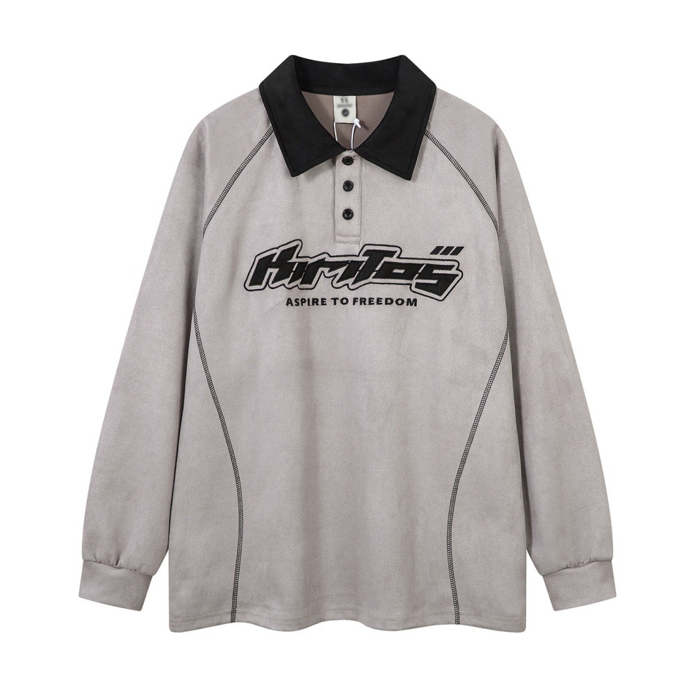 美式复古宽松撞色翻领卫衣男式潮牌字母刺绣解构拼接长袖POLO衫秋