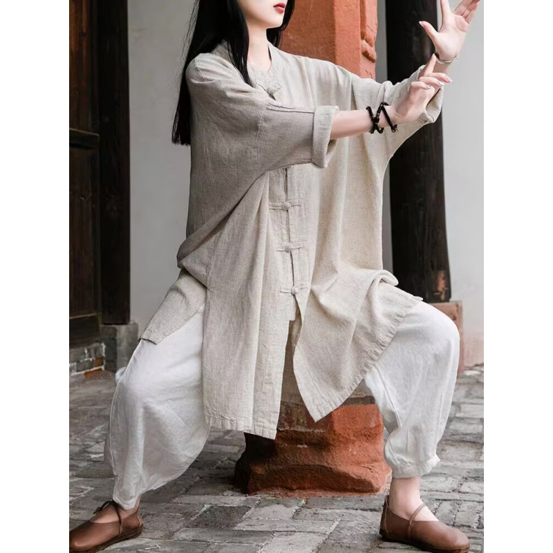 亚麻复古衬衫女禅意宽松中长款长袖太极服上衣棉麻衬衣裙禅修