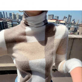 内搭包芯纱几何2025秋冬长袖新款堆领打底衫针织衫女跨境毛衣拼色