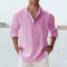 2025亚马逊外贸男装亚麻立领长袖T恤宽松汗衫纯色长袖棉麻衬衫男