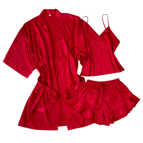 Mid-East robe tie belt kimono-style loose casual bath robe spring and autumn season ice silk thin version sexy nightgown pajama set