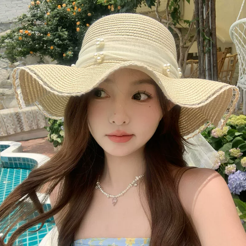 Кружевной жемчуг волнистый лук соломенная шляпа женская летняя тень на побережье праздник большой шляпа солнцезащитный крем шляпа