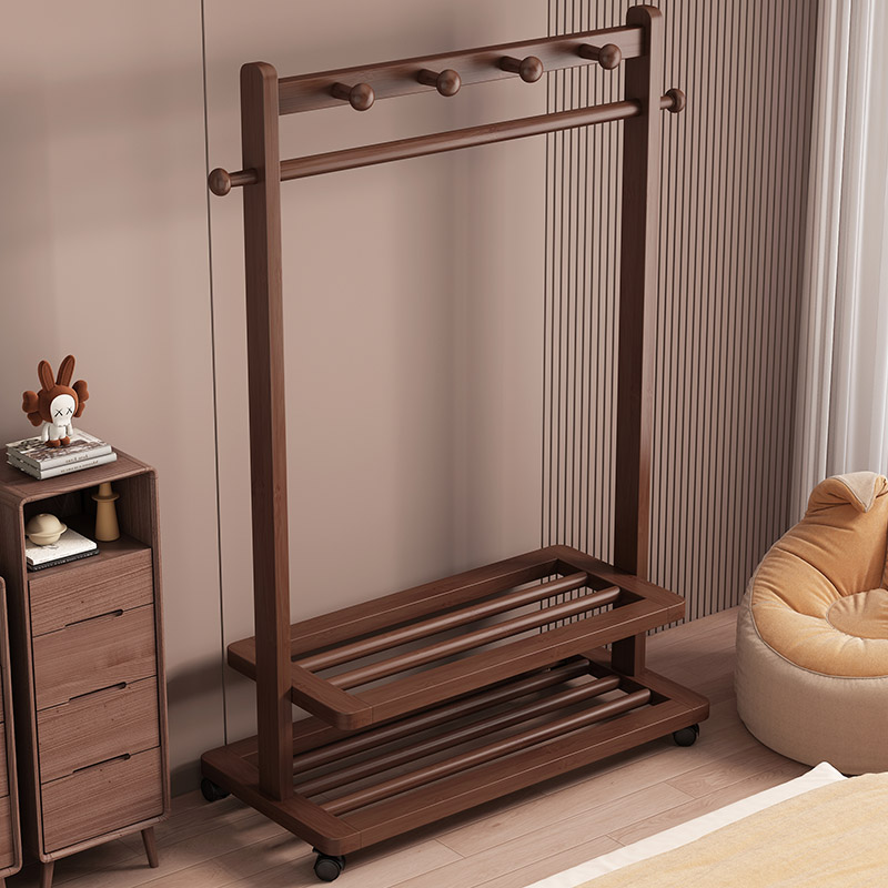 Movable New Chinese-Style Clothes Rack Floor-Standing Bedroom Coat Rack Living Room Vertical New Chinese-Style Clothes Rack Clothes Drying Rack