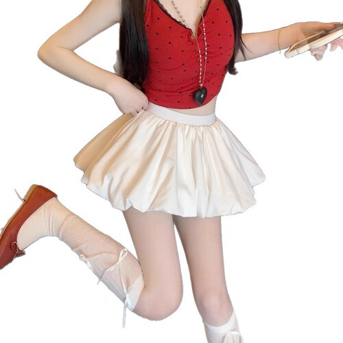 Ballet-style pleated tulip half skirt for women, summer high-waist slimming A-line skirt, anti-molested hip coverage, trendy short skirt
