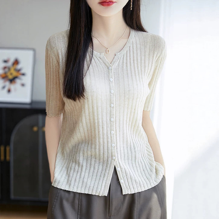 Tencel linen ice silk short-sleeve T-shirt for women, summer 2026 new style, loose and breathable ribbed knit cardigan women's top Tencel linen ice silk short-sleeve T-shirt for women, summer 2026 new style, loose and breathable ribbed knit cardigan women's top