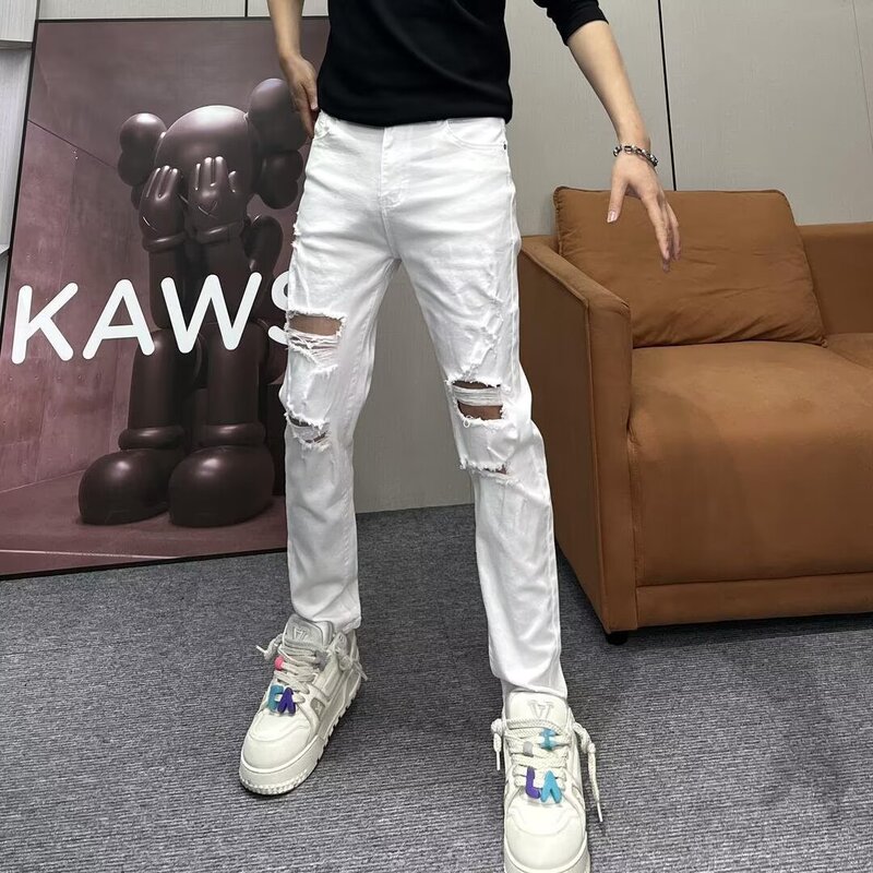 Mr. Chao Spring and Summer New Ripped Jeans Men's White Korean-style All-match Stretch Slim-fit Slimming Skinny Pants