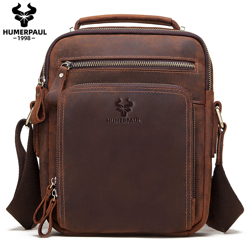 Bolso de hombre europeo y americano bolso de hombro transfronterizo de cuero para hombre entrega de una sola pieza bolso de mensajero de piel de vaca Crazy Horse bolso de hombre de cuero de cera de aceite para hombre