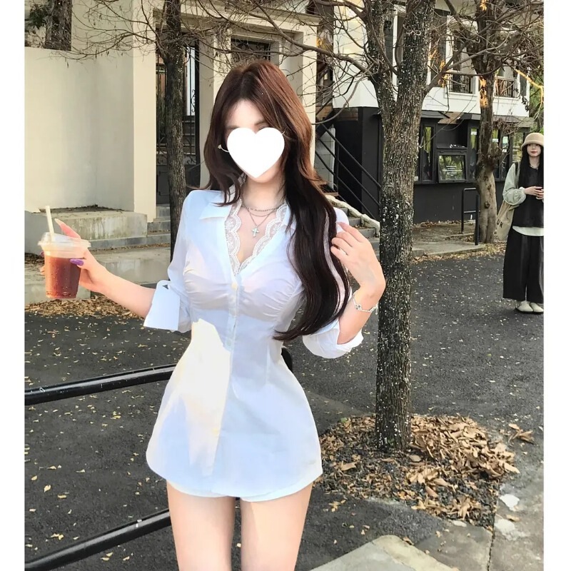 Saint White Dress Pure Desire Hot Girl Lace Trim Patchwork Shirt Women's Slim Fit Elegant High-End Top Shirt Saint White Dress Pure Desire Hot Girl Lace Trim Patchwork Shirt Women's Slim Fit Elegant High-End Top Shirt