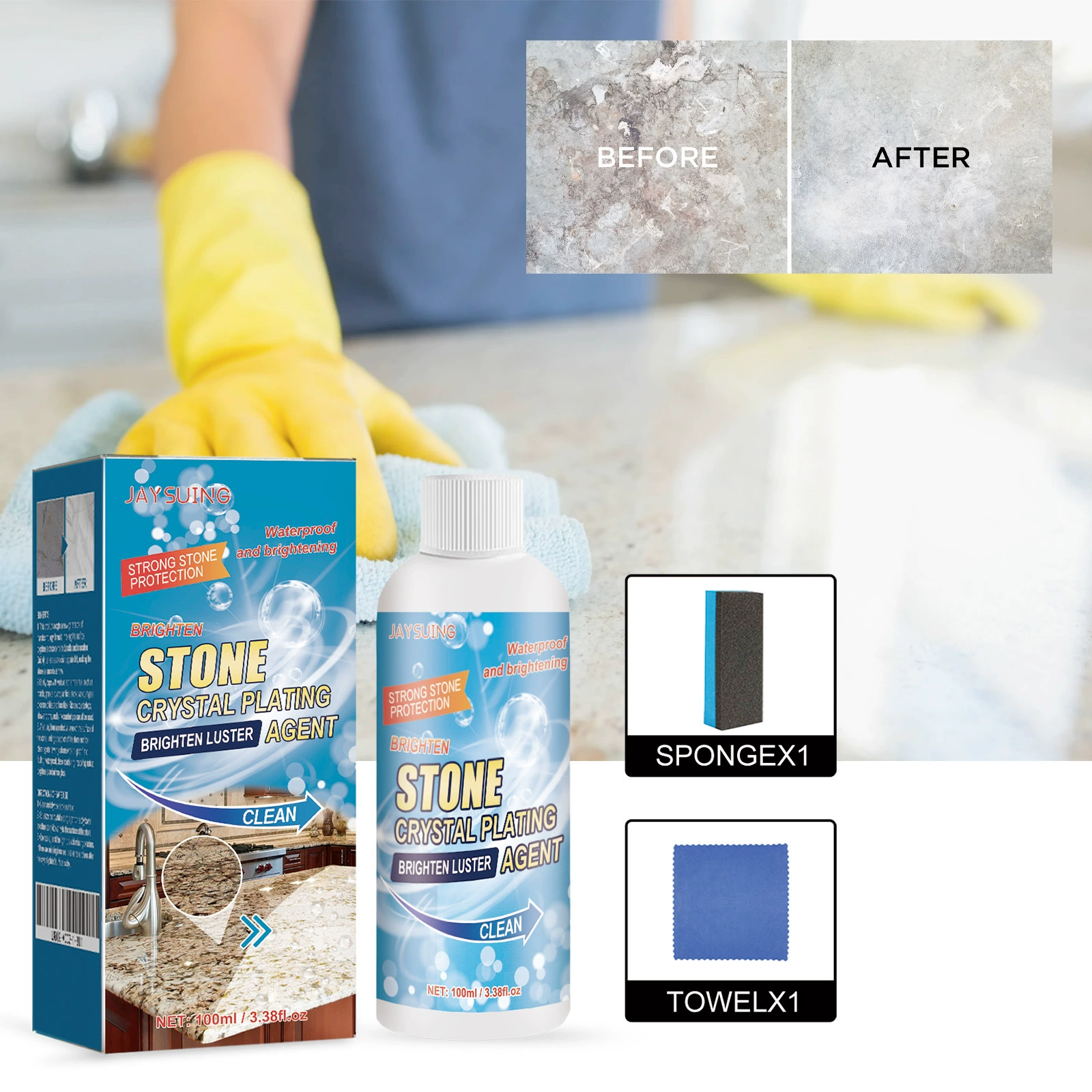 Средство для полировки камня Jaysuing, кристаллическое покрытие, ремонт царапин на кухонной столешнице из кварцевой плитки, чистка, отбеливание пятен