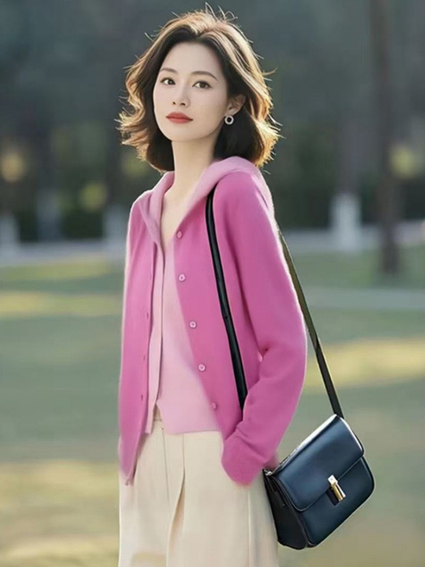 假两件拼接针织衫女装秋季粉色连帽开衫毛衣2025新款洋气长袖上衣|undefined