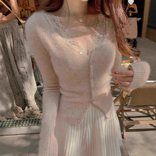 韩系小香风蕾丝针织打底衫女领内搭春季纯欲修身毛衣温柔短上衣