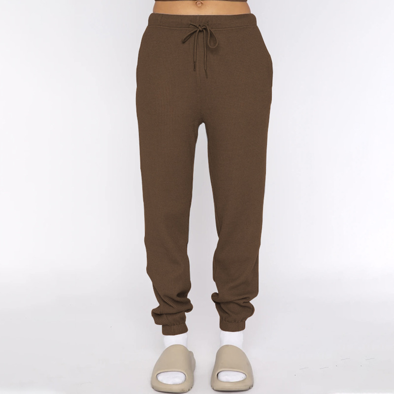 Spring Summer Solid Color Waffle round Neck Short Sleeve Women Clothing Casual Trousers Sets