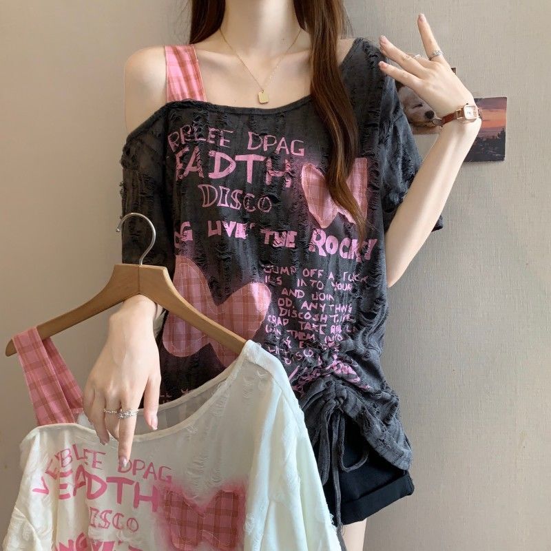 大码重工破洞蝴蝶贴布抽绳短袖t恤女2025春夏新款宽松显瘦上衣女|undefined