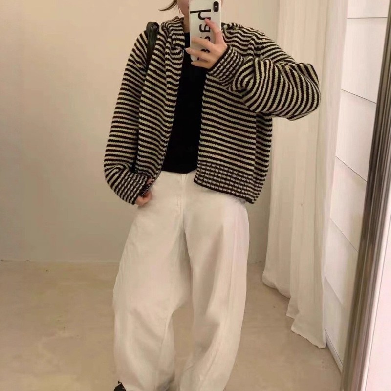 韩系撞色条纹双拉链连帽针织开衫女秋冬新款宽松慵懒风毛衣外套厚|undefined