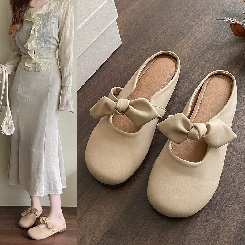 Женские летние шлепанцы Баотоу, новая модель 2025 года, французский стиль, нежный бант, полуботинки, удобная обувь.