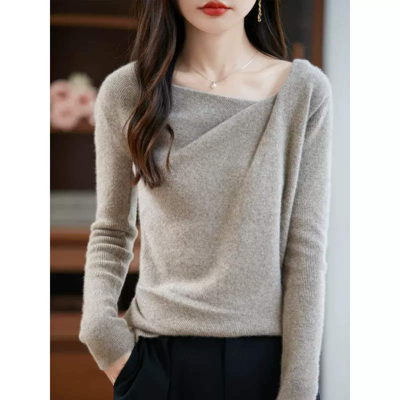 25秋冬新款纯羊毛高端设计荡领针织衫长袖女纯色洋气羊毛打底衫女