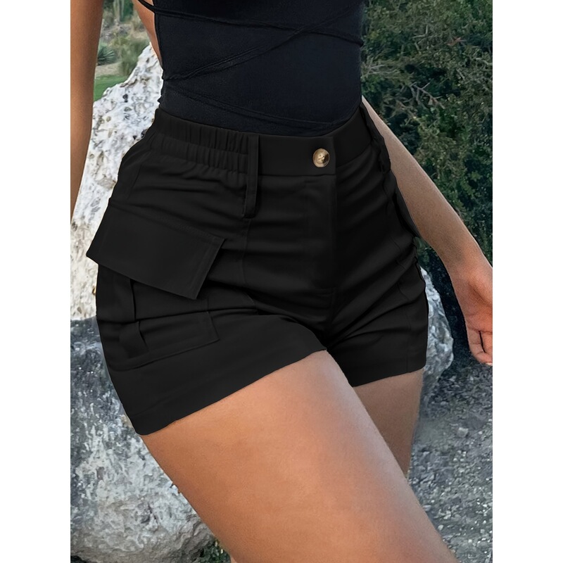 European and American Style Cross-Border Ebay Casual Women's High-Waisted Buttoned Streetwear Shorts with Pockets in Khaki Color